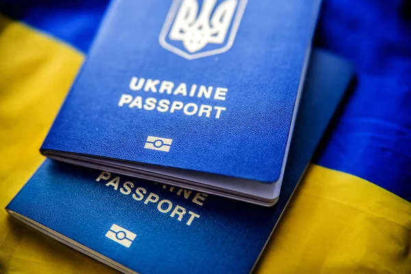 Ukrainska Biometriska Pass Bakgrunden Den Ukrainska Blågula Flaggan Stockfoto
