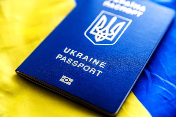 Biometriska Pass Medborgare Ukraina Mot Bakgrund Den Nationella Blågula Flaggan Stockbild