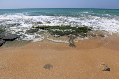 İsrail 'in kuzeyindeki Akdeniz' in kayalık kıyıları 