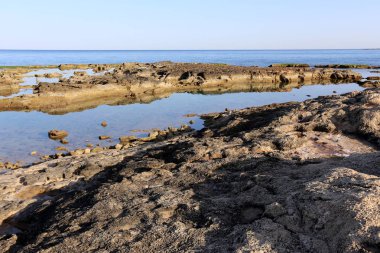 İsrail 'in kuzeyindeki Akdeniz' in kayalık kıyıları 