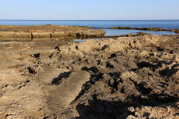 İsrail 'in kuzeyindeki Akdeniz' in kayalık kıyıları 