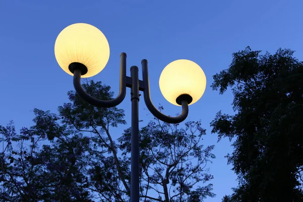 Poste Uma Lâmpada Elétrica Trava Brilha Noite — Fotografia de Stock