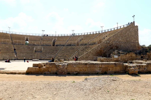 Oude Theater Aan Oevers Van Middellandse Zee Israël Gebouwd Onder — Stockfoto