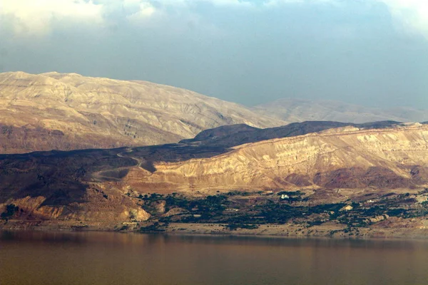 Orilla Opuesta Del Mar Muerto Pueden Ver Las Montañas Jordania — Foto de Stock