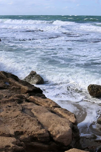 Kamiennym Wybrzeżu Morza Śródziemnego Północnym Izraelu — Zdjęcie stockowe