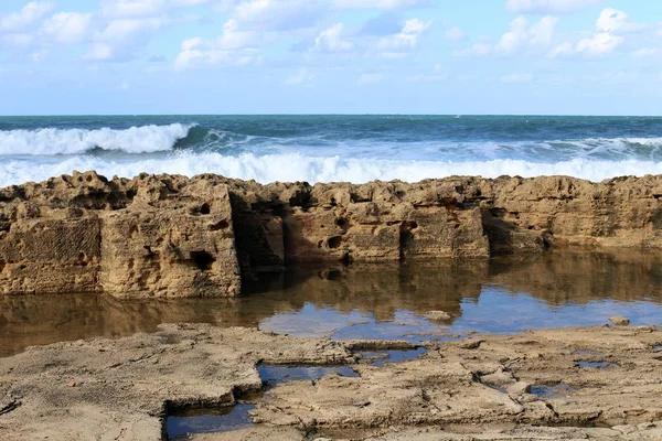 地中海的石头海岸在以色列北部 — 图库照片