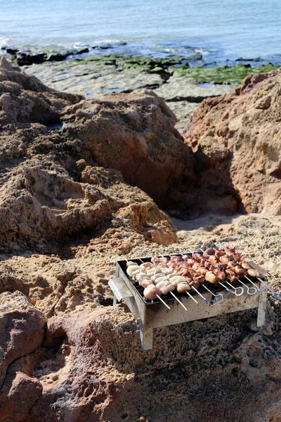 Picknick Solig Och Vinter Dag Vid Stranden Medelhavet — Stockfoto