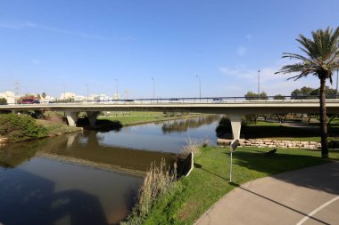 Tel Aviv'de Yarkon Nehri boyunca şehir parkı. 