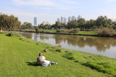 Tel Aviv'de Yarkon Nehri boyunca şehir parkı. 