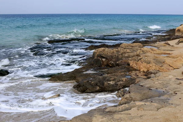 Klippor Och Stenar Stranden Medelhavet Norra Israel — Stockfoto