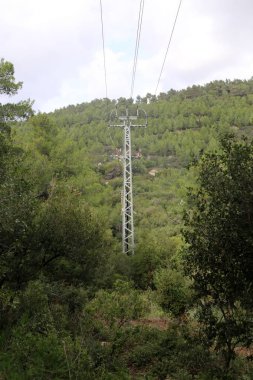elektrik direği ve kablo üzerinden elektrik geçerli akar 