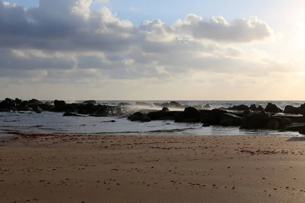 Soleil Couche Sur Horizon Termine Journée Sur Mer Méditerranée Israël — Photo