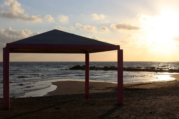 Soleil Couche Sur Horizon Termine Journée Sur Mer Méditerranée Israël — Photo
