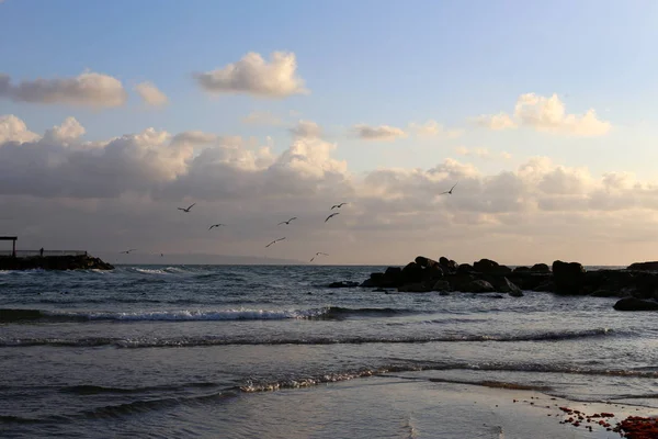 Soleil Couche Sur Horizon Termine Journée Sur Mer Méditerranée Israël — Photo