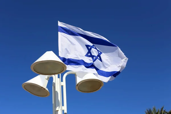 Bandera Israelí Con Una Estrella Seis Puntas Ondeando Viento — Foto de Stock