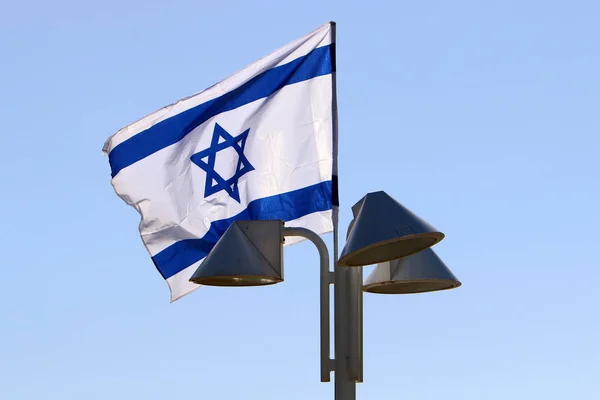 Bandera Israelí Con Una Estrella Seis Puntas Ondeando Viento — Foto de Stock
