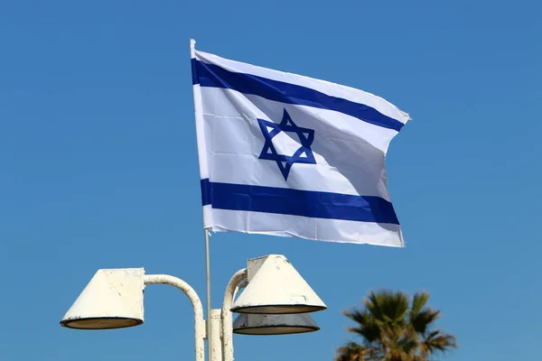 Bandeira Israelense Com Uma Estrela Seis Pontas Agitando Vento — Fotografia de Stock