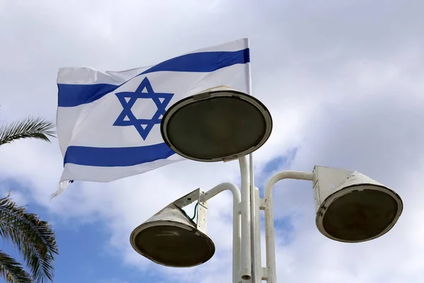 Bandeira Israelense Com Uma Estrela Seis Pontas Agitando Vento — Fotografia de Stock