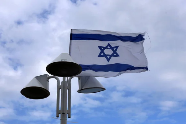 Drapeau Israélien Avec Une Étoile Six Branches Flottant Dans Vent — Photo