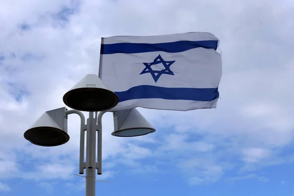 Bandera Israelí Con Una Estrella Seis Puntas Ondeando Viento — Foto de Stock