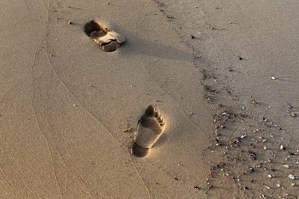 Fußabdrücke Sand Den Ufern Des Mittelmeeres Nordisrael — Stockfoto