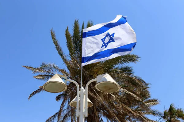 Blue White Star David Flag Israel Develops Wind — Stock Photo, Image