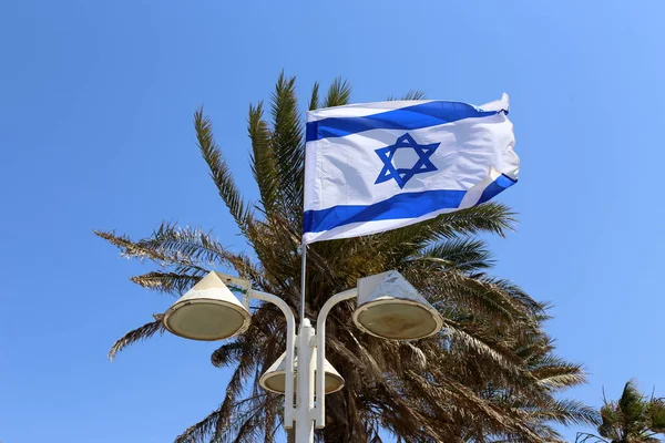 Blue White Star David Flag Israel Develops Wind — Stock Photo, Image