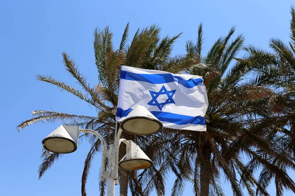 Azul Blanco Con Estrella David Bandera Israel Desarrolla Viento — Foto de Stock