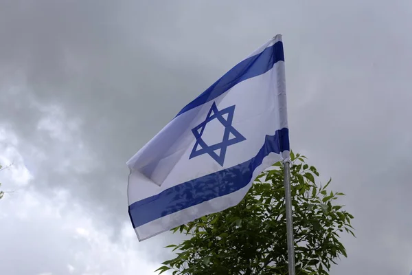 Azul Blanco Con Estrella David Bandera Israel Desarrolla Viento — Foto de Stock