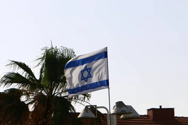 Голубой Белый Звездой Давида Флаг Израиля Развивается Ветру — стоковое фото