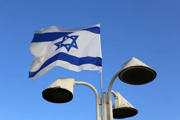 Azul Blanco Con Estrella David Bandera Israel Desarrolla Viento — Foto de Stock