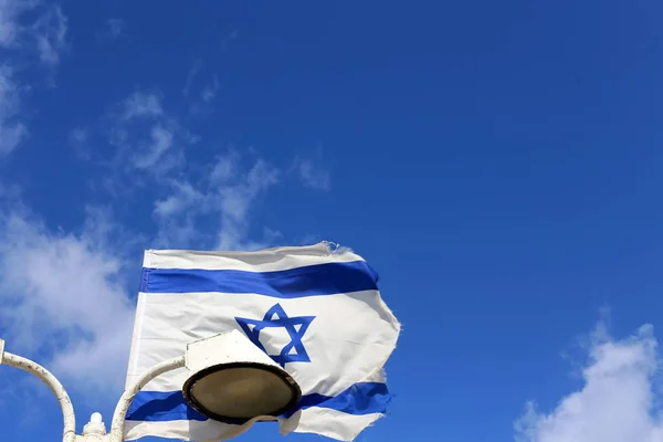 Azul Branco Com Estrela David Bandeira Israel Desenvolve Vento — Fotografia de Stock
