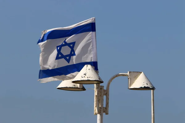 Azul Blanco Con Estrella David Bandera Israel Desarrolla Viento — Foto de Stock