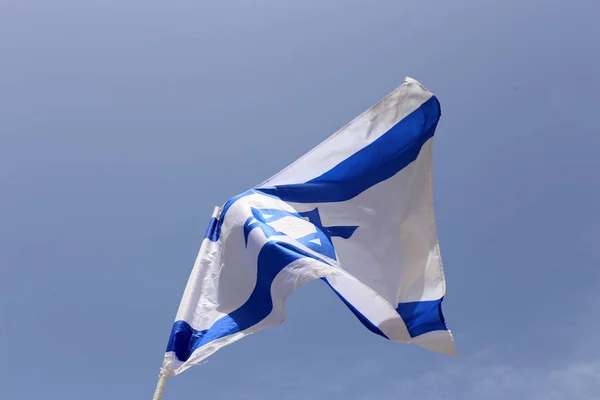 Azul Blanco Con Estrella David Bandera Israel Desarrolla Viento — Foto de Stock