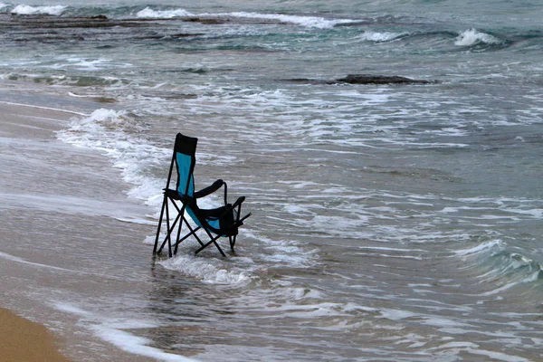 lounge chair on the shores of the Mediterranean in the north of Israel