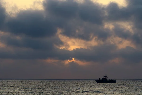 Sol Pone Sobre Horizonte Mar Mediterráneo Norte Israel — Foto de Stock