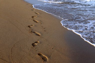 Israil Eyaleti kuzeyinde Akdeniz kıyılarında kum ayak izleri 