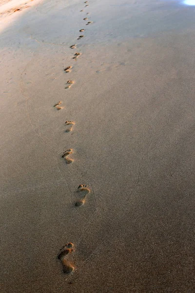 footprints in the sand on the shores of the Mediterranean in the north of the state of Israel