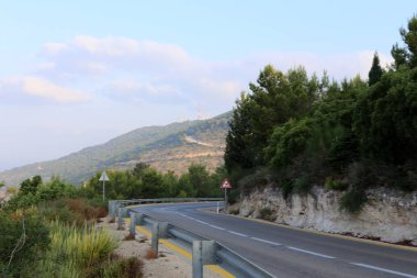 İsrail devletinin kuzeyinde dağlık orman dolambaçlı yol 