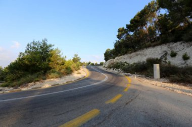 İsrail devletinin kuzeyinde dağlık orman dolambaçlı yol 