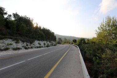 İsrail devletinin kuzeyinde dağlık orman dolambaçlı yol 