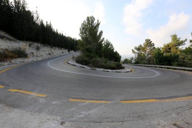 İsrail devletinin kuzeyinde dağlık orman dolambaçlı yol 