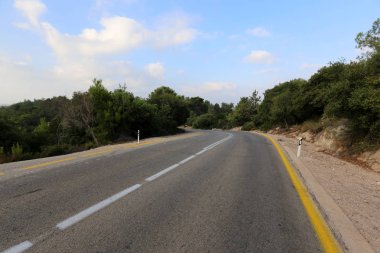 İsrail devletinin kuzeyinde dağlık orman dolambaçlı yol 