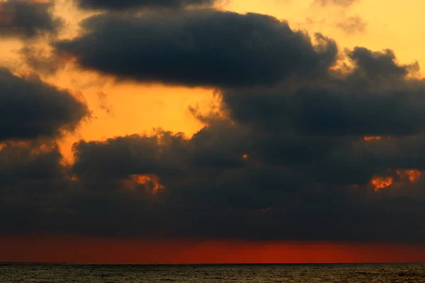 Soleil Couche Sur Horizon Sur Mer Méditerranée Nord Israël — Photo