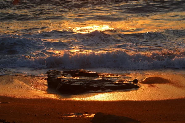 Sun Sets Horizon Mediterranean Sea Northern Israel Night Falls — Stock Photo, Image