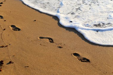 Israil eyaletinin kuzeyinde Akdeniz kıyısında sahilde kum ayak izleri 