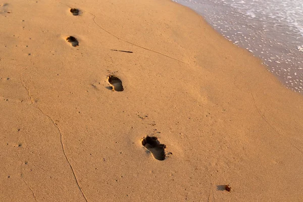Fußabdrücke Sand Strand Der Mittelmeerküste Norden Des Staates Israel — Stockfoto