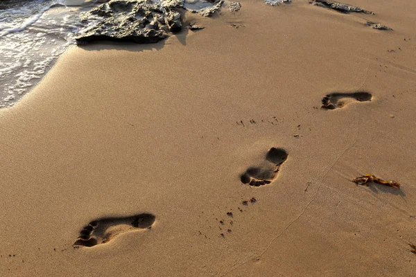 footprints in the sand on the beach on the Mediterranean coast in the north of the state of Israel