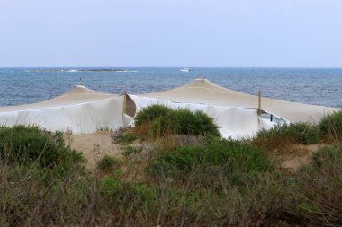 İsrail Devleti'nin kuzeyinde Akdeniz kıyılarında dinlenmek için çadır 