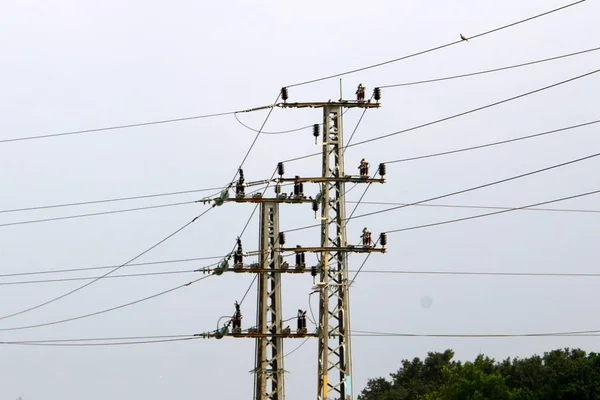 electrical wires on a pole along which electricity flows in the north of Israel